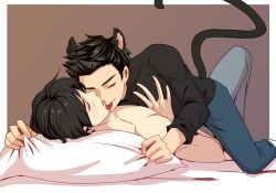 2boys batman_(series) cat_ears cat_tail catboy chain247 closed_eyes damian_wayne dc dc_comics dick_grayson licking male male/male nightwing pillow pillow_grab robin_(damian_wayne) robin_(dc) shirtless tail tongue tongue_out yaoi