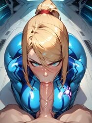 ai_generated angry big_ass big_breasts big_butt big_penis blonde_hair blonde_hair blue_eyes blush blush disgusted huge_ass huge_breasts huge_butt huge_cock huge_cock looking_at_viewer metroid on_knees ponytail pov questionable_consent rcally samus_aran spacecraft sucking sucking_penis wide_hips