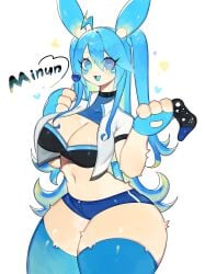 1girls anthro big_breasts blue_eyes blue_hair blue_thighhighs cleavage clothing english_text female female_only fingerless_gloves fur game_controller generation_3_pokemon hi_res lollipop long_hair looking_at_viewer minishorts minun nintendo pokemon pokemon_(species) smiling smiling_at_viewer solo text thick_thighs thighhighs toge77789 togetoge white_background
