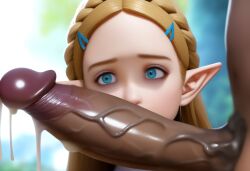 1boy 1girls ai_generated anxious before_oral big_penis blonde_hair blue_eyes cock_awe cum cum_drip dark-skinned_male elf_ears goron horny horny_female huge_cock huge_cock imminent_oral imminent_sex looking_at_penis nintendo precum precum_drip princess_zelda size_difference staring_at_penis su_whore_(artist) the_legend_of_zelda veiny_penis