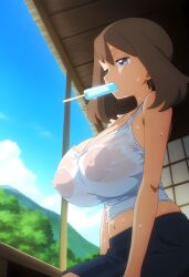 2024 ai_art ai_generated alternate_breast_size anime_style areolae big_breasts blue_eyes brown_hair cleavage denim_shorts erect_nipples female female_focus female_only gamefreak highres huge_breasts human ice_cream may_(pokemon) mayday_(artist) navel nintendo nipples no_bra pokemon pokemon_(anime) see-through see-through_clothing solo solo_female solo_focus sweat tank_top transparent_clothing