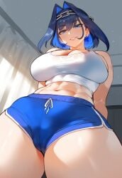 1girls ai_generated blue_eyes blue_hair blue_shorts booty_shorts cleavage colored_inner_hair creamy_ai curvy dolphin_shorts female hair hair_horns hololive hololive_english large_breasts low-angle_view medium_hair ouro_kronii short_hair shorts shoulder_length_hair solo tank_top thick_thighs two_tone_hair virtual_youtuber wide_hips yoga_shorts