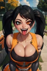 ai_generated alien alien_girl battleborn black_hair breasts cleavage orendi_(battleborn) sharp_teeth true_might true_might's twintails