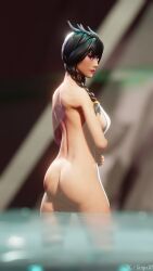 1girls asian asian_female ass back_turned back_view braided_hair completely_nude completely_nude_female facing_away female fortnite guardian_lin_(fortnite) hot_spring sequ3d showing_ass solo towel