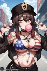 1girls 4th_of_july ai_generated american_flag american_flag_bikini american_flag_legwear angry angry_face big_breasts bikini bikini_top bubble_blowing bubble_gum chewing_gum female genshin_impact gum gyaru hu_tao_(genshin_impact) miss_io tattoo tattoo_on_arm