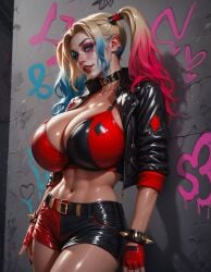 1girls ai_generated big_breasts blonde_hair blue_eyes breasts harley_quinn harley_quinn_(series) long_hair looking_at_viewer loraxxl_(artist) solo thighs twintails