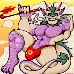 absurd_res anthro aroused big_bulge bulge clothing dragon eastern_dragon green_hair hair hi_res male muscular mythological_creature mythological_scalie mythology pink_body scalie smoking solo thick_thighs thong underwear velvetdraw