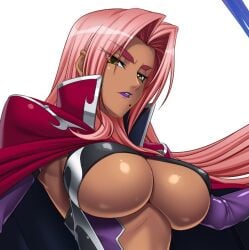 angry angry_face arm_warmers big_breasts big_eyebrows cape cloak color dark-skinned_female dark_skin female female_focus female_only forehead game_cg ingrid_(taimanin_asagi) kagami_hirotaka long_hair looking_at_viewer mantle mole mole_under_mouth pink_hair red_cape shiny_skin skimpy skimpy_clothes taimanin_(series) taimanin_rpgx tight_clothing underboob violet_lipstick white_background yellow_eyes