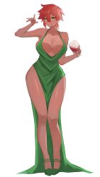 1girls alcohol breasts cleavage collarbone cup curvy curvy_female curvy_figure dark-skinned_female dark_skin dress drinking_glass evening_gown green_dress green_eyes hainomajoeraina hair_between_eyes hair_over_one_eye high_heels holding_cup huge_breasts looking_at_viewer lyra(itsnafulol) red_hair shiny_clothes short_hair smile thick_thighs thighs tomboy wide_hips wine wine_glass