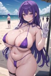 ai_generated ai_hands beach cuckold cum_in_pussy large_breasts looking_at_viewer prostitute prostitution purple_eyes purple_hair slut slutty_outfit