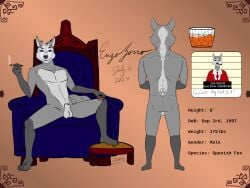 alcohol animal_genitalia animal_penis anthro ass balls bbear beverage biped canid canine canine_genitalia canine_penis chair cigar cigar_in_mouth clothed clothing cocky cocky_smile container cup dated digital_media_(artwork) dominant drinking_glass english_text enzo_(bbear) feet footstool fox fur furniture genitals glass glass_container glass_cup grey_body grey_fur hi_res holding_object jail_placard looking_at_viewer male mammal model_sheet mugshot multicolored_body multicolored_fur muscular muscular_anthro muscular_male nude number object_in_mouth penis penis_tip rear_view sheath signature simple_background sitting smile smoke smoke_from_nose smoking smoking_cigar solo standing suit tail text toes topwear whiskey whiskey_glass white_body white_fur