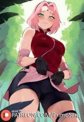 1girls ai_generated bare_shoulders female female_only forehead_mark forest gloves green_eyes headband human looking_down medium_breasts naruto_(series) naruto_shippuden pink_hair pink_skirt primosan pussy_juice red_topwear sakura_haruno short_hair skirt_up solo wet_pussy