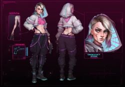 1girls abs blonde_hair boots cargo_pants character_sheet clothed crop_top cropped_jacket crossover cybernetics cyberpunk cyberpunk_2077 dyed_hair gun gwen_stacy hood knightofcydonia neon_lights nipple_bulge nipple_piercing nipples_visible_through_clothing see-through see-through_clothing short_hair solo spider-man:_across_the_spider-verse spider-man:_into_the_spider-verse spider-man_(series) tactical_gear thong thong_straps