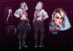 1girls abs asymmetrical_hair blonde_hair boots cargo_pants character_sheet clothed crop_top cropped_jacket crossover cybernetics cyberpunk cyberpunk_2077 dyed_hair gun gwen_stacy hood knightofcydonia marvel marvel_comics neon_lights nipple_bulge nipple_piercing nipples_visible_through_clothing see-through see-through_clothing short_hair solo spider-gwen spider-man:_across_the_spider-verse spider-man:_into_the_spider-verse spider-man_(series) superhero superheroine tactical_gear thong thong_straps