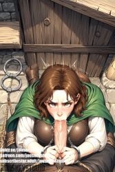 1boy ai-created ai_generated angry blush boots breasts brown_eyes brown_hair cape clothing cuffs dragon's_dogma english_text fellatio female glaring green_cape handcuffs irrumatio jousneystudio large_breasts large_penis looking_at_viewer male motion_lines oral penis pov rope saliva scowl shirt short_hair sitting solo_focus straight tears ulrika_(dragon's_dogma) uncensored