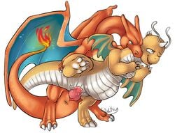 anthro big_breasts bite breasts charizard claws dragonite duo erection female fire from_behind_position green_eyes horn knot leg_glider_position male nintendo nude penis pokemon pokemon_(species) pussy raised_leg sex spread_legs spreading stickycrop straight video_games wings