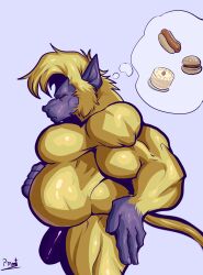 absurd_res anthro barazoku belly big_belly big_muscles bulge clothing dragon_ball food fur haplorhine hi_res latex latex_clothing latex_underwear male mammal monkey musclebear muscular muscular_anthro muscular_male oozaru oozaru_baby pinumontbalou primate purple_body red_eyes solo tail underwear yellow_body yellow_fur