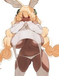 1girls 2024 big_breasts blonde_hair blush bunny_ears bunny_girl cassandra_(mrsithums) dark-skinned_female dark_skin embarrassed female female_only hi_res long_hair looking_at_viewer red_eyes ryusei_hashida skimpy skimpy_clothes solo sweater thick_thighs twin_braids twintails very_high_resolution virgin_destroyer_sweater white_background