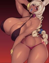 1girls 2022 big_breasts bikini blonde_hair blue_lipstick bracelet braid bunny_ears bunny_girl bunny_tail cassandra_(mrsithums) collar commission dark-skinned_female dark_skin female female_only hair_ribbon hand_behind_head hi_res long_hair looking_at_viewer red_eyes rice-chan solo thick_thighs wide_hips