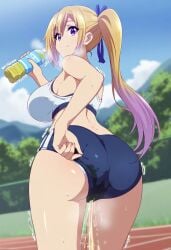 ai_generated ass ass_focus bare_legs big_ass big_breasts big_butt blonde_hair dat_ass fat_ass golden_shower gym_clothes gym_uniform hair_ribbon huge_breasts huge_thighs in_search_of_holy_water kawakami_mai light-skinned_female light_skin looking_back massive_breasts multicolored_hair musaigen_no_phantom_world peeing purple_eyes side_ponytail smiling squatting sweat thick_thighs thighs urinating urinating_female urination urine voluptuous voluptuous_female