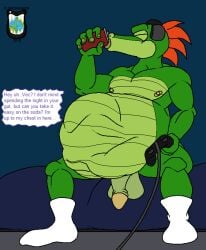 anthro balls belly beverage big_belly clothing controller crocodile crocodilian crocodylid darkartist drinking duo electronics espio_the_chameleon footwear fully_inside game_controller genitals headphones male male_pred male_prey nude penis reptile scalie sega socks soda sonic_(series) sonic_the_hedgehog_(series) vector_the_crocodile vore