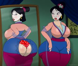 ass breasts disney disney_princess embarrassed euf fa_mulan mulan mulan_(1998) mulan_(1998_film) ripped_dress saputodraws thick_ass tight_dress torn_open_bottoms underwear