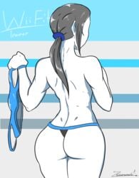 1girls ass back black_hair casual clothing dat_ass female female_only holding_clothes human long_hair nintendo pale_skin ponytail solo sportswear standing tank_top thong tied_hair toned_female topless white_skin wii_fit wii_fit_trainer wristband wristwear zeromomentai