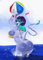 beach_ball big_ass blue_skin female gold_bikini happy huge_breasts indie_virtual_youtuber kafka_art looking_at_viewer makeup mimcubus pointy_ears red_eyes round_ass spiked_bracelets succubus tail two_tone_hair water