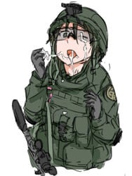 cum cum_in_mouth dutchko escape_from_tarkov facial female gloves gun hair headgear helmet load_bearing_vest male_focus military military_uniform original rifle short_hair soldier solo uniform weapon