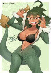 1girls big_breasts bra clothed clothing color dark-skinned_female dark_skin dinosaur_costume dinosaur_girl female female_focus female_only flytrapxx green_hair hi_res horns large_breasts liz_(flytrapxx) original_character short_hair solo solo_female tagme tail thick_thighs yellow_eyes