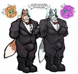 2022 absurd_res anothermeekone anthro at_attention big_bulge biped black_boots black_clothing black_footwear black_nose bodyguard boots bow_tie brainwashing bulge canid canine canis clothed clothing dialogue digital_media_(artwork) dipstick_tail duo english_text facial_hair footwear fox fox_mccloud fur green_eyes grey_body grey_fur hands_behind_back hi_res hypnosis male mammal markings mind_control multicolored_body multicolored_fur muscular muscular_anthro muscular_male nintendo red_bow_tie simple_background speech_bubble spiral spiral_eyes star_fox suit tail tail_markings teeth text two_tone_body two_tone_fur white_body white_fur wolf wolf_o'donnell