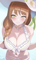 1girls alternate_costume bikini brown_hair cleavage fire_emblem fire_emblem_engage fire_emblem_heroes goldmary_(fire_emblem) goldmary_(summer)_(fire_emblem) hat large_breasts looking_at_viewer n_54 necklace nintendo official_alternate_costume swimsuit white_bikini white_swimsuit yellow_eyes