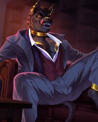 anthro anubian_jackal black_body black_fur bottomwear bulge canid canine canis clothed clothing detailed_bulge dioni5 djoser_(psychoh13) dress_shirt ear_piercing ear_ring fully_clothed fur genital_outline hi_res jackal licking licking_lips male mammal markings muscular muscular_anthro muscular_male pants pecs penis_outline piercing ring_piercing sharp_teeth shirt solo spread_legs spreading suit teeth tongue topwear yellow_markings