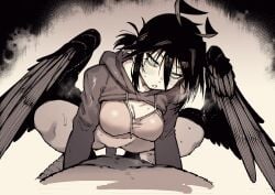 2d 2d_(artwork) 2d_artwork ass breasts cowgirl cowgirl_position female hair harpy harpy_girl harpy_humanoid hetero_sex heterosexual hoodie karasu_raven male male/female original original_character pov shirt straight straight_sex sweat sweatdrop sweating sweaty sweaty_body tagme wings