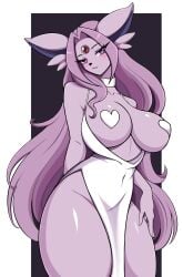 1girls 2024 anthro big_breasts blush breasts_out dress eeveelution espeon female female_only generation_2_pokemon heart_pasties hi_res long_hair looking_at_viewer nintendo nipple_pasties pasties pokemon pokemon_(species) prumichka purple_eyes purple_hair smiling smiling_at_viewer solo thick_thighs white_dress