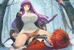 1boy 1girls ai_generated breasts clothed cowgirl_position dominant_female female femdom fern_(sousou_no_frieren) forest frieren_beyond_journey's_end large_breasts laying_down laying_on_back looking_down lucakp massive_breasts moaning patreon patreon_link patreon_logo patreon_reward patreon_url patreon_username purple_hair pussy red_eyes riding riding_penis scar sex sitting sitting_on_lap sitting_on_penis sitting_on_person snow submissive_male tagme thick_thighs thighs tree unamused unamused_sex winter