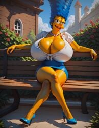1girls 1milf 20th_century_fox 20th_century_studios ai_generated bench big_breasts blue_hair boob_window breasts cleavage female high_heels human long_hair looking_at_viewer loraart marge_simpson milf solo the_simpsons yellow_body yellow_skin