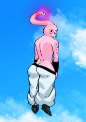 artist_request ass ass_cheeks ass_crack crt dragon_ball dragon_ball_z floating flying kid_buu majin_buu no_underwear pants pink_body sky tongue_out upper_body