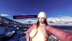 1girls 3d animated beanie big_nipples blue_eyes breasts breasts_bigger_than_head breasts_out celebrity clothes clothing exposed_breasts female female_focus female_only ginger ginger_hair hat jacket looking_at_viewer no_sound partially_clothed pj-jp posing posing_for_the_viewer real_person red_hair scarlett_johansson scenery tagme teasing text video winter