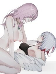 2girls blushing breasts honkai:_star_rail jade_(honkai:_star_rail) long_hair multiple_girls nipples topaz_(honkai:_star_rail) yuri