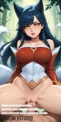 1boy ahri ahri_(league_of_legends) ai-created ai_generated animal_ears artist_name bangs bare_shoulders black_hair bottomless breasts censored cleavage clitoris clothing covered_navel cowgirl_position detached_sleeves facial_mark female fox_ears fox_girl fox_tail jousneystudio large_breasts league_of_legends lips long_hair long_sleeves looking_at_viewer male multiple_tails nakadashi on_top outdoors overflow parted_lips patreon_username penis pov semen sex slit_pupils solo_focus spread_legs straddling straight swept_bangs tail teeth uncensored vagina vaginal_penetration whisker_markings yellow_eyes