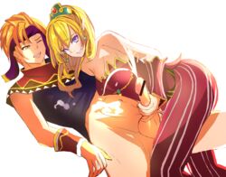 1boy bare_shoulders blonde_hair bottomless censored collarbone cum earrings ejaculation elf female goritania handjob jewelry one_eye_closed open_mouth penis pinky_out pointy_ears seiken_densetsu seiken_densetsu_2 simple_background testicles white_background yellow_eyes