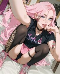 ai_generated bed pink_hair selfie thighhighs