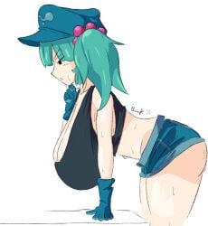 1girls big_breasts blue_hair breasts bunpt cleavage cyan_hair gloves hat huge_breasts light-skinned_female long_gloves mob_face nitori_kawashiro nono_(notnoe) shorts sideass solo solo_female sweaty_body tank_top thick_ass thick_thighs thighs touhou twintails watermark white_background