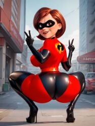 1girls ai_generated ass_focus big_ass big_breasts brown_hair double_v elastigirl female female_only heels helen_parr heroine high_heels huge_ass latex latex_suit looking_at_viewer looking_back mask milf mother platform_heels solo solo_female squatting superheroine the_incredibles the_incredibles_2 thick_thighs thigh_boots thighs
