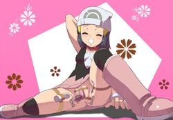 1girls beanie blue_hair boots closed_eyes dawn_(pokemon) double_penetration egg_vibrator female female_only human long_hair makoto_daikichi masturbation multiple_insertions nintendo no_panties pokemon pokemon_dppt pussy pussy_juice remote_control_vibrator tape vibrator