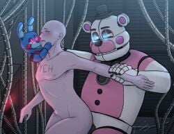 2023 ambiguous_penetration animatronic animatronics background bear blue_body blue_eyes blue_fur bunny color colored five_nights_at_freddy's five_nights_at_freddy's:_sister_location fnaf funtime_freddy funtime_freddy_(fnafsl) glowing_eyes grabbing_arm holding_arm human looking_at_another male_only penetration pink_body pink_eyes puppet_bonnie_(fnafsl) rabbit robot scottgames sex spaceandroids stomach_bulge threesome white_body y/n ych