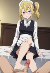 ai_generated big_penis blonde_hair blue_eyes blush censored faceless_male feet feet_on_penis foot_fetish footjob fossillight hayasaka_ai kaguya-sama_wa_kokurasetai_~tensai-tachi_no_renai_zunousen~ maid maid_headdress maid_outfit maid_uniform mosaic_censoring ponytail rubbing_penis