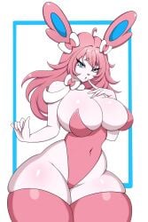 1girls 2023 anthro big_breasts blue_eyes eeveelution female female_only finger_to_mouth generation_6_pokemon hi_res leotard long_hair looking_at_viewer nintendo pink_hair pink_thighhighs pokemon pokemon_(species) prumichka solo sylveon thick_thighs thigh_squish thighhighs wide_hips
