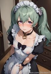 1futa ai_generated big_areola big_ass big_balls big_nipples big_penis blush bow bracelet bulge bulge_grab bulge_through_clothing choker corin_wickes crotch_bulge flaccid flaccid_penis from_above futa_only futanari green_hair hand_on_penis huge_balls huge_cock jewelry looking_at_viewer maid maid_apron maid_headdress maid_outfit maid_uniform nipples nipples_visible_through_clothing penis penis_under_skirt penis_visible_through_clothing puffy_nipples purple_eyes shinkoritl solo solo_focus solo_futa twintails upper_body victoria_housekeeping zenless_zone_zero